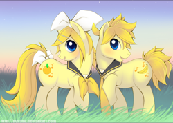 Size: 1042x740 | Tagged: safe, artist:nyaasu, species:earth pony, species:pony, duo, female, grass, kagamine len, kagamine rin, male, mare, ponified, raised hoof, stallion, vocaloid