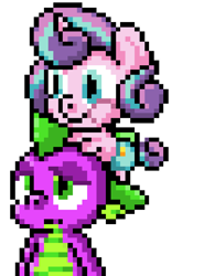 Size: 723x975 | Tagged: safe, artist:sonicboy112, character:princess flurry heart, character:spike, species:alicorn, species:dragon, species:pony, duo, game:spike's time off, pixel art, pony hat, simple background, white background