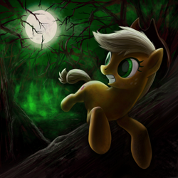 Size: 800x800 | Tagged: safe, artist:averagedraw, character:applejack, species:earth pony, species:pony, applejack's hat, clothing, cowboy hat, female, forest, green light, hat, jumping, looking back, mare, moon, night, running, solo, tree
