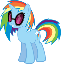 Size: 3846x4000 | Tagged: safe, artist:namelesshero2222, edit, character:dj pon-3, character:rainbow dash, character:vinyl scratch, species:pony, alternate hairstyle, color edit, colored, cutie mark, female, high res, race swap, recolor, simple background, smiling, solo, sunglasses, teeth, transparent background, unicorn rainbow dash, vector