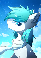 Size: 1200x1700 | Tagged: safe, artist:morningbullet, oc, oc only, oc:diamond frost, species:pony, chest fluff, clothing, ear fluff, looking at you, male, scarf, snow, solo, stallion