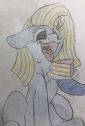 Size: 2316x3408 | Tagged: safe, artist:penandpapernsfw, derpibooru original, oc, oc:cuteamena, oc:electric blue, species:pony, birthday, cake, couple, eating, electricute, excited, female, food, gift art, happy birthday, high res, mare, tongue out, traditional art