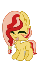 Size: 700x1300 | Tagged: safe, artist:k3elliebear, oc, oc:pink apple, parent:applejack, parent:flim, parents:flimjack, species:earth pony, species:pony, blushing, eyes closed, female, filly, offspring, simple background, solo, tongue out, transparent background