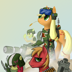 Size: 1196x1200 | Tagged: safe, artist:sigmatura, character:apple bloom, character:applejack, character:big mcintosh, character:granny smith, species:earth pony, species:pony, armor, bayonet, bolter, cadian shock troops, goggles, heavy bolter, helmet, imperial guard, lasgun, leman russ, tank (vehicle), vox caster, warhammer (game), warhammer 40k, weapon