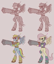 Size: 1085x1280 | Tagged: safe, artist:sigmatura, character:fluttershy, character:rainbow dash, species:pegasus, species:pony, armor, female, mare, quake 3 arena, rocket launcher, semi-anthro, weapon