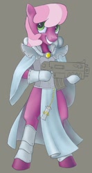 Size: 683x1280 | Tagged: safe, artist:sigmatura, character:cheerilee, species:earth pony, species:pony, adepta sororitas, armor, bolter, crossover, female, grin, power armor, semi-anthro, simple background, smiling, solo, warhammer (game), warhammer 40k, weapon