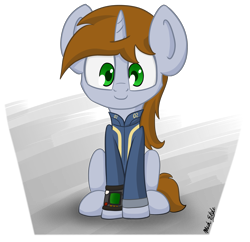 Size: 4137x4000 | Tagged: safe, artist:machstyle, oc, oc only, oc:littlepip, species:pony, species:unicorn, fallout equestria, absurd resolution, clothing, fanfic, fanfic art, female, hooves, horn, looking at you, mare, pipbuck, simple background, sitting, smiling, solo, transparent background, vault suit