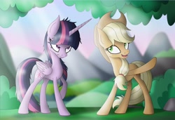 Size: 4816x3288 | Tagged: safe, artist:omnisimon11, character:applejack, character:mean applejack, character:mean twilight sparkle, character:twilight sparkle, character:twilight sparkle (alicorn), species:alicorn, species:earth pony, species:pony, episode:the mean 6, g4, my little pony: friendship is magic, bush, clone, clothing, cowboy hat, crepuscular rays, freckles, grass, hat, open mouth, raised hoof, scenery, stetson, tree