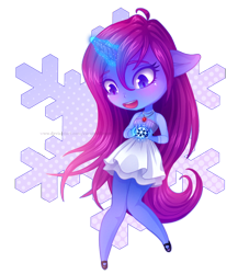 Size: 958x1102 | Tagged: safe, artist:caramelflower, oc, oc only, species:anthro, species:pony, species:unicorn, chibi, clothing, cute, dress, female, jewelry, magic, mary janes, necklace, shoes, simple background, skirt, snow, snowflake, transparent background