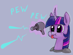 Size: 800x600 | Tagged: safe, alternate version, artist:duskswordsman, character:twilight sparkle, species:pony, species:unicorn, :t, armor, blaster, blep, bust, curved horn, cute, energy weapon, female, glowing horn, gray background, laser, levitation, magic, mare, pew pew, puffy cheeks, science fiction, simple background, smiling, style emulation, telekinesis, tongue out, twiabetes, weapon