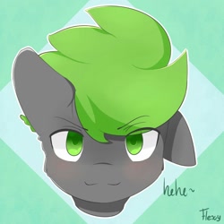 Size: 1280x1280 | Tagged: safe, artist:sexyflexy, oc, oc only, oc:villainshima, species:pony, bust, front view, green background, looking at you, portrait, simple background