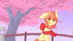 Size: 3840x2160 | Tagged: safe, artist:sexyflexy, oc, oc only, oc:ribbon, species:pony, blushing, cherry blossoms, cherry tree, cute, flower, flower blossom, leaves, looking at you, ribbon, side view, solo, tree, wind, windswept mane
