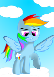 Size: 2480x3508 | Tagged: safe, artist:twinblade edge, character:rainbow dash, species:pegasus, species:pony, cloud, female, grin, hooves, mare, on a cloud, raised hoof, sky, smiling, solo, spread wings, standing on a cloud, wings