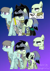 Size: 1282x1834 | Tagged: safe, artist:kingbases, artist:knightowlgurl, base used, oc, oc only, oc:southern ballroom, oc:southern gothic, parent:beauty brass, parent:fiddlesticks, parents:fiddlebrass, species:earth pony, species:pony, icey-verse, ballerina, ballet slippers, boots, bow, clothing, collar, commission, cowboy hat, ear piercing, earring, edgy, eyebrow piercing, eyeshadow, face tattoo, female, goth, hair bow, hat, jewelry, lip piercing, magical lesbian spawn, makeup, mare, necklace, next generation, offspring, piercing, ponytail, reference sheet, shoes, sisters, skirt, socks, spiked collar, spiked wristband, tattoo, torn clothes, wall of tags, wristband