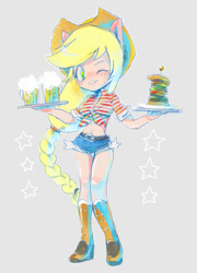 Size: 720x1000 | Tagged: safe, artist:hacha, character:applejack, species:human, my little pony:equestria girls, belly button, boots, burger, clothing, daisy dukes, eared humanization, food, front knot midriff, humanized, looking at you, midriff, mug, plate, rink, shoes, shorts