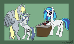 Size: 1780x1065 | Tagged: safe, artist:misskanabelle, character:derpy hooves, character:dj pon-3, character:vinyl scratch, oc, oc:taylor (ice1517), species:pegasus, species:pony, species:unicorn, bipedal, dancing, ear piercing, earring, female, green background, jewelry, lesbian, magical lesbian spawn, male, mare, next generation, offspring, piercing, record, shipping, simple background, stallion, trans male, transgender, turntable