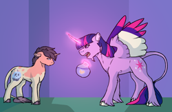 Size: 3450x2250 | Tagged: safe, artist:minsona, character:twilight sparkle, character:twilight sparkle (alicorn), oc, oc:eden apple, parent:big macintosh, parent:twilight sparkle, parents:twimac, species:alicorn, species:classical unicorn, species:pony, species:unicorn, cloven hooves, colored wings, colt, description is relevant, female, fishbowl, glowing horn, goldfish, leonine tail, levitation, magic, male, mare, mother and son, multicolored wings, necromancy, offspring, scolding, spread wings, telekinesis, unshorn fetlocks, wings
