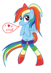 Size: 900x1274 | Tagged: safe, artist:katze2012, artist:varijani, character:rainbow dash, species:pegasus, species:pony, belly button, bipedal, blushing, clothing, female, heart eyes, mare, rainbow socks, signature, simple background, socks, solo, striped socks, transparent background, wingding eyes