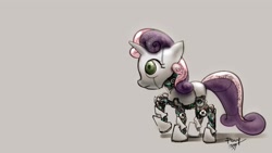 Size: 1920x1080 | Tagged: safe, artist:ponyrake, character:sweetie belle, species:pony, species:unicorn, sweetie bot, female, filly, foal, gray background, hooves, horn, raised hoof, robot, simple background, solo, species swap, wallpaper