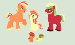 Size: 1296x776 | Tagged: safe, artist:insanity-w0lf, oc, oc only, oc:ambrosia clove, oc:apple frond, oc:cameo crunch, oc:cortland core, oc:winesap snap, parent:applejack, parent:big macintosh, parents:applemac, species:earth pony, species:pony, beard, colt, facial hair, female, filly, freckles, green background, male, mare, offspring, product of incest, simple background, stallion, unshorn fetlocks