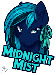 Size: 1500x2006 | Tagged: safe, artist:muzz, oc, oc only, oc:midnight mist, species:pegasus, species:pony, badge, bow, bust, face, female, mare, simple background, sly, solo, transparent background