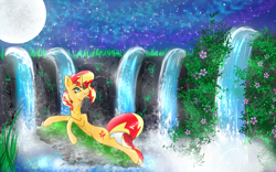 Size: 1920x1200 | Tagged: safe, artist:zomixnu, character:sunset shimmer, species:pony, female, looking up, lying down, solo, stargazing, waterfall