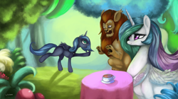 Size: 2100x1180 | Tagged: safe, artist:colochenni, character:princess celestia, character:princess luna, species:alicorn, species:pony, everfree forest, food, journal of the two sisters, manticore, melvin (character), table, tablecloth, tea, tree