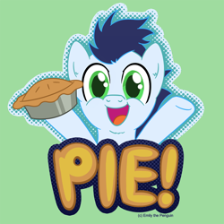 Size: 900x900 | Tagged: safe, artist:oemilythepenguino, character:soarin', species:pony, colt, cute, happy, hoof hold, male, one word, pie, soarinbetes, that pony sure does love pies