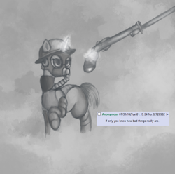 Size: 800x792 | Tagged: safe, artist:colochenni, species:pony, /mlp/, 4chan, bayonet, clothing, drawthread, gas mask, gun, handgun, helmet, if only you knew how bad things really are, magic, mask, meme, parody, pistol, request, smoke, soldier, text, uniform, walking, weapon, world war i