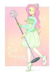 Size: 768x1024 | Tagged: safe, artist:kagitsuki, character:fluttershy, episode:so much more to me, g4, my little pony: equestria girls, my little pony:equestria girls, clothing, female, microphone, one eye closed, pantyhose, shoes, skirt, solo, wink