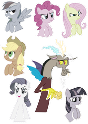 Size: 2067x2923 | Tagged: safe, artist:oceanbreezebrony, character:applejack, character:discord, character:fluttershy, character:pinkie pie, character:rainbow dash, character:rarity, character:twilight sparkle, character:twilight sparkle (unicorn), species:draconequus, species:earth pony, species:pegasus, species:pony, species:unicorn, discorded, discorded twilight, flutterbitch, greedity, liar face, liarjack, mane six, meanie pie, rainbow ditch, simple background, sticker, transparent background