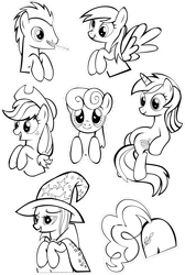 Size: 2303x3434 | Tagged: safe, artist:oceanbreezebrony, character:applejack, character:bon bon, character:derpy hooves, character:doctor whooves, character:lyra heartstrings, character:pinkie pie, character:sweetie drops, character:time turner, species:pony, doctor who, meme, monochrome, plot, scrunchy face, simple background, sitting, sitting lyra, sonic screwdriver, sticker, the doctor, transparent background