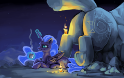 Size: 1024x650 | Tagged: safe, artist:da-exile, character:nightmare moon, character:princess celestia, character:princess luna, species:alicorn, species:pony, newbie artist training grounds, atg 2018, candle, female, glowing horn, magic, mare, missing accessory, plot, solo, statue, sunbutt, telekinesis