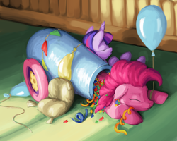Size: 1500x1200 | Tagged: safe, artist:da-exile, character:pinkie pie, character:twilight sparkle, newbie artist training grounds, balloon, confetti, female, floppy ears, madame leflour, party cannon, sleeping, streamers