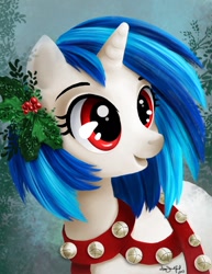 Size: 612x792 | Tagged: safe, artist:paintedhoofprints, character:dj pon-3, character:vinyl scratch, species:pony, species:unicorn, bells, christmas, cute, featured on derpibooru, female, holly, mare, open mouth, smiling, solo, vinylbetes, wrong eye color