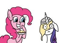 Size: 1920x1080 | Tagged: safe, artist:cherry1cupcake, character:pinkie pie, character:rarity, species:earth pony, species:pony, species:unicorn, happy, pie on pony action, simple background