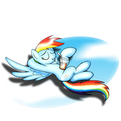 Size: 3000x3000 | Tagged: safe, artist:omegasunburst, character:rainbow dash, species:pegasus, species:pony, abstract background, drink, drinking straw, eyes closed, female, lying down, mare, on back, smiling, solo, spread wings, wings