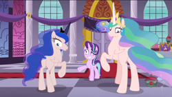 Size: 1920x1080 | Tagged: safe, artist:tralomine, edit, edited screencap, editor:slayerbvc, screencap, character:princess celestia, character:princess luna, character:starlight glimmer, species:alicorn, species:pony, species:unicorn, episode:a royal problem, g4, my little pony: friendship is magic, blushing, butt, crown, edited edit, embarrassed, female, furless, furless edit, grin, jewelry, looking back, mare, missing accessory, nervous, nervous grin, now you fucked up, nude edit, nudity, plot, plucked wings, raised hoof, regalia, royal sisters, shaved, smiling, spell gone wrong, treehouse logo, underhoof