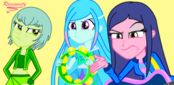 Size: 1174x572 | Tagged: safe, artist:rosesweety, base used, my little pony:equestria girls, equestria girls-ified, joy lefrog, lily mermaid, lingling ironfan, musical instrument, regal academy, tambourine