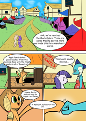 Size: 915x1280 | Tagged: safe, artist:ahobobo, character:applejack, character:princess ember, character:rarity, comic:expanding relations, apple, apple pie, explicit series, fanfic art, fist bump, food, hoofbump, pie, ponyville, ponyville market, this will end in weight gain, wingless