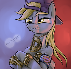 Size: 1477x1423 | Tagged: safe, artist:themessengerboy, character:derpy hooves, species:pegasus, species:pony, abstract background, backwards ballcap, baseball cap, bling, cap, clothing, female, frown, gangsta, gangster, hat, semi-anthro, solo, watch, wristwatch