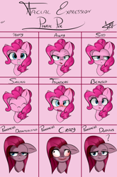 Size: 2800x4250 | Tagged: safe, artist:starmaster, character:pinkamena diane pie, character:pinkie pie, angry, bemused, crazy face, disinterested, expressions, faec, female, happy, practice, sad, smiling, solo, tsundere