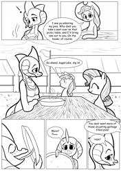 Size: 902x1280 | Tagged: safe, artist:ahobobo, character:applejack, character:princess ember, character:rarity, comic:expanding relations, apple, apple pie, explicit series, fanfic art, food, grayscale, implied strawberry sunrise, licking, monochrome, offscreen character, pie, pie tin, this will end in weight gain, tongue out, wingless