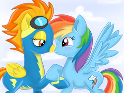 Size: 1024x768 | Tagged: safe, artist:sparkleshadow, character:rainbow dash, character:spitfire, species:pegasus, species:pony, ship:spitdash, clothing, female, goggles, lesbian, shipping, uniform, wonderbolts uniform