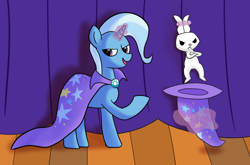 Size: 1024x677 | Tagged: safe, artist:tech--pony, character:angel bunny, character:trixie, species:pony, species:unicorn, bunny out of the hat, clothing, hat, lidded eyes, magic trick, smiling, stage, trixie's hat
