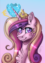 Size: 215x301 | Tagged: safe, artist:norica-official, edit, character:princess cadance, species:pony, blushing, chest fluff, cropped, cutie mark background, ear fluff, female, fluffy, gradient background, jewelry, looking at you, mare, smiling, solo, tiara