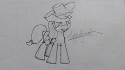 Size: 4208x2368 | Tagged: safe, artist:twinblade edge, character:applejack, applejack's hat, clothing, cowboy hat, female, grin, hat, monochrome, name, smiling, solo, traditional art