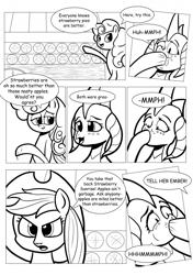 Size: 902x1280 | Tagged: safe, artist:ahobobo, character:applejack, character:princess ember, character:strawberry sunrise, comic:expanding relations, apple pie, cart, explicit series, fanfic art, food, force feeding, grayscale, monochrome, pie, this will end in weight gain