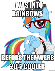 Size: 550x715 | Tagged: safe, artist:crimsonlynx97, edit, character:rainbow dash, species:pegasus, species:pony, 20% cooler, before it was cool, button-up shirt, clothing, female, glasses, hat, hipster, image macro, impact font, mare, pencil, pencil behind ear, rainbow dork, raised hoof, text, trilby