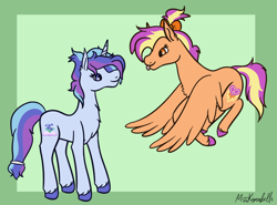 Size: 1702x1260 | Tagged: safe, artist:misskanabelle, oc, oc only, oc:clementine skies, oc:mirage, parent:amethyst star, parent:spitfire, parent:starlight glimmer, parent:trixie, parents:startrix, species:pegasus, species:pony, species:unicorn, duo, female, flying, magical lesbian spawn, mare, next generation, offspring, parents:spitstar, simple background, smiling, tongue out